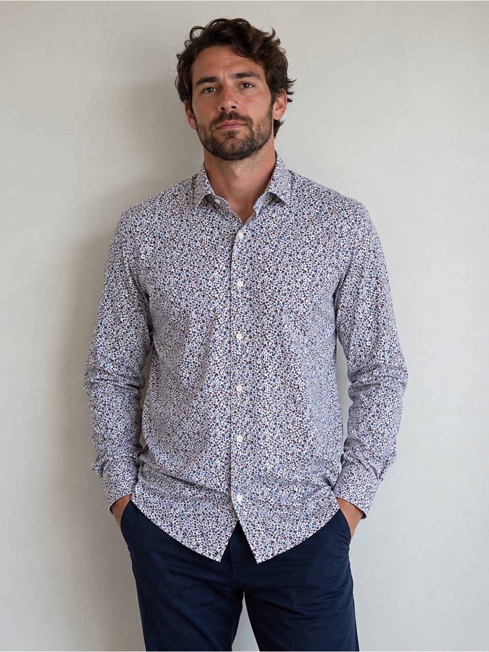 7 Diamonds Men's Floral Button-Down Shirt - White with Blue and Brown Accents LG